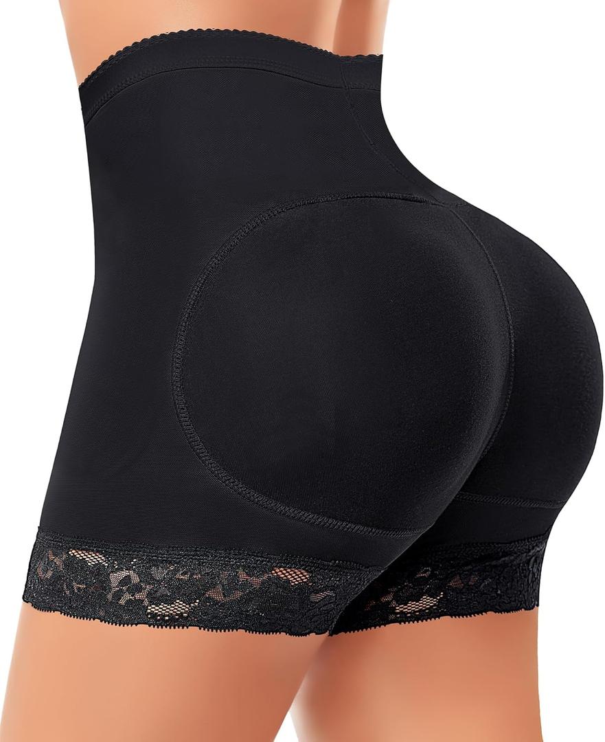 Padded Underwear for Women Butt Lifter Panties Booty Pads Butt Enhancer Lace Boyshorts Shapewear (Medium, #2 Black-high Waisted)
