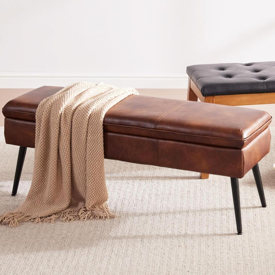 Ottoman with Storage Bench, End of Bed Bench with Flipping Lid, Mid-Century Modern & Faux Leather with Stitching, Loads 660 lb, for Living Room, Bedroom, Entryway, Retro Brown, 43.3" Long