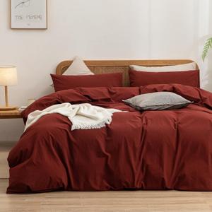 BESTOUCH Duvet Cover Set 100% Washed Cotton Linen Feel Super Soft Comfortable Chic Lightweight 3 PCs Home Bedding Set Solid Fired Brick Red Queen (Queen (90" x 90"))
