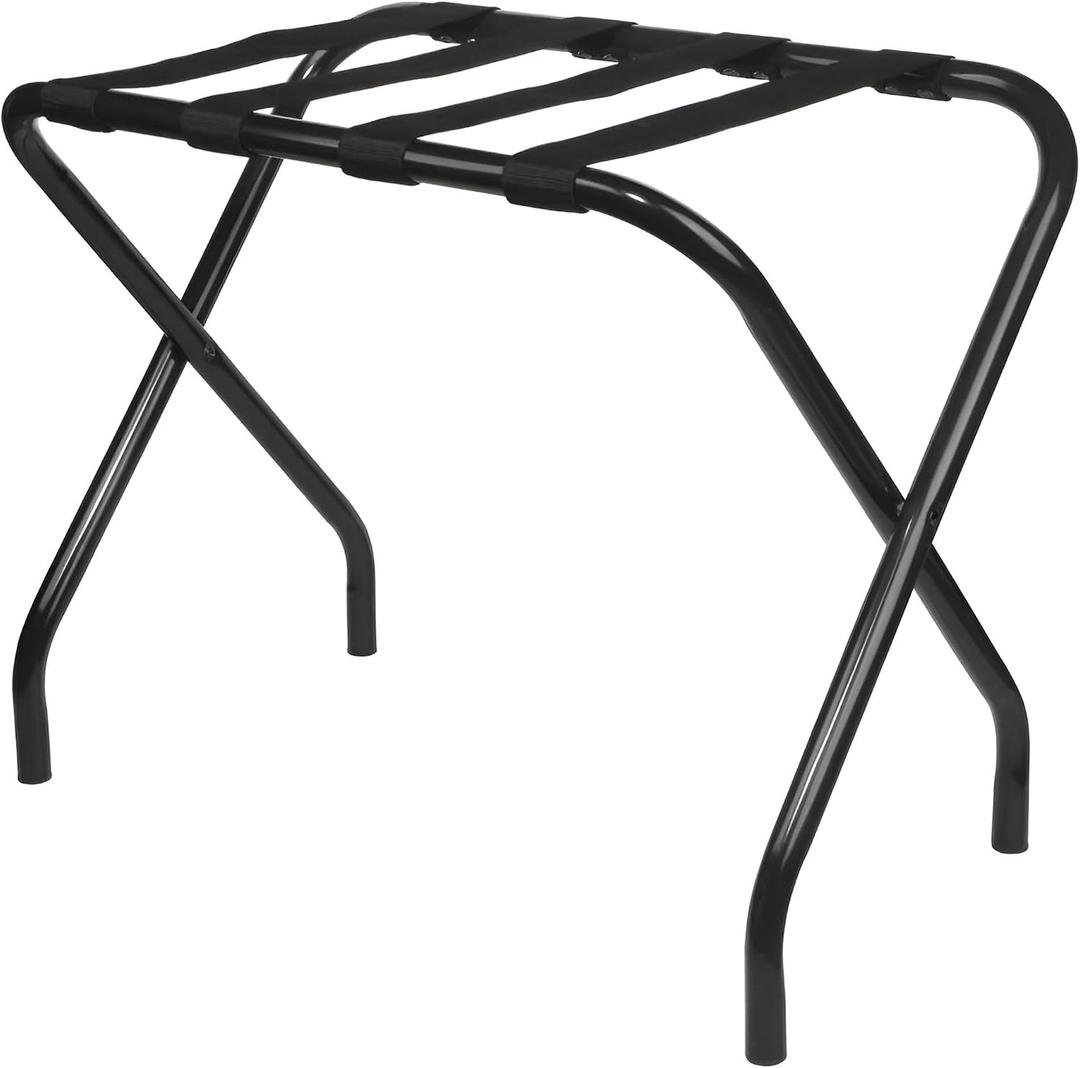 King's Brand Furniture-Black Metal Foldable Luggage Rack Stand with Nylon Belts