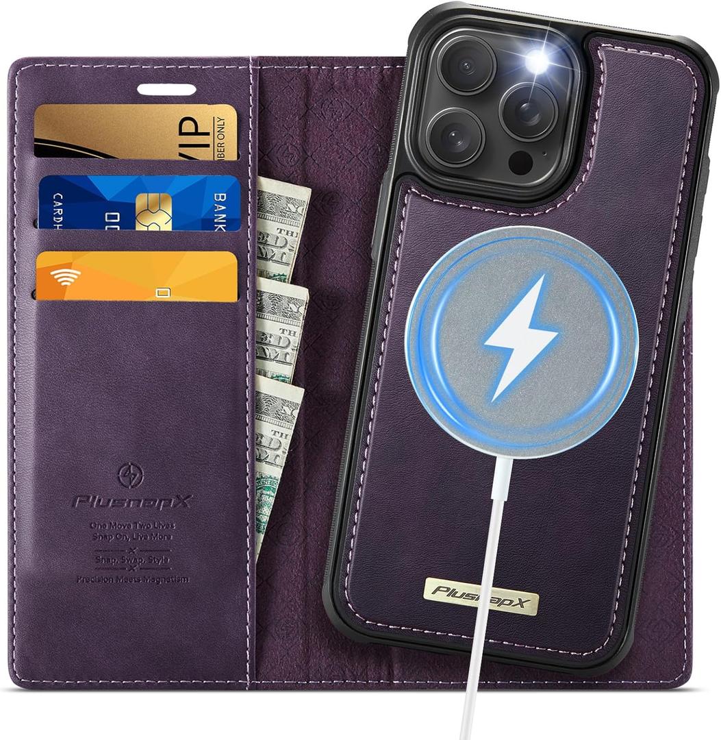 Wallet Case for iPhone 14 Pro Max Compatible with Magsafe, 2-IN-1 PU Leather Flip RFID Blocking Card Holder Stand Shockproof Magnetic Detachable Cover for iPhone 14 Pro Max 6.7", Retro Purple