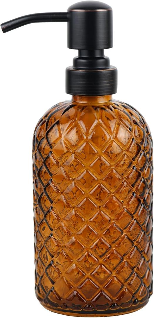 SDlumeiy 16 oz Glass Soap Dispenser with Stainless Steel Vintage Brushed Bronze Pump Head, Refillable Gemstone Pattern Soap Dispenser for Hand Soap, Dish Soap, and Lotion (Amber)