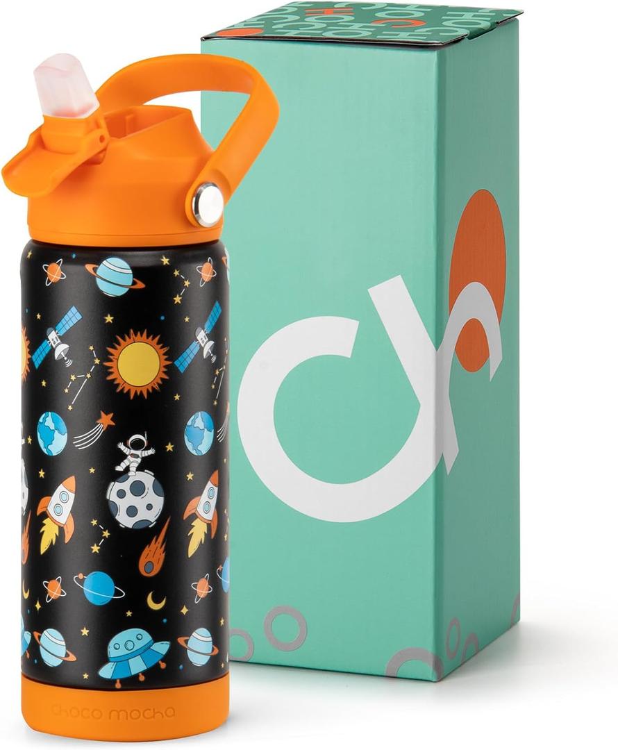 Choco Mocha Kids Water Bottle For School, Kids Insulated Space Water Bottle Stainless Steel, Boys 18Oz, Black & Orange