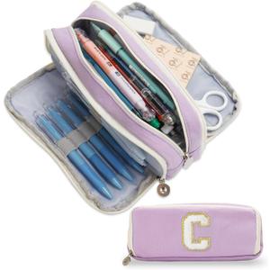 Pencil Case for Girls Women, Initial Pencil Pouch with Zipper, Cute Pencil Bag for School Supplies, Aesthetic Pen Case Box for Kids Teen Girls - C(Purple)