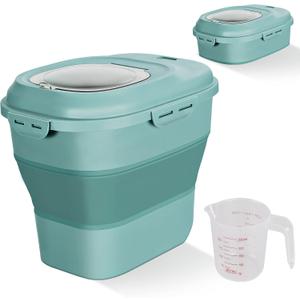 Cereal Rice Food Storage Containers, Collapsible 20 to 50 Lbs Dispenser Bin with Rolling Wheel Airtight Locking Lid, Dog Pet Cat Flour Sugar Plastic Leakproof Sealable Large Kitchen Pantry Holder (Green)