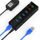 Powered USB 3.0 Hub, K&ZZ 6-Port USB Hub Splitter with 4 Faster Data Transfer Ports + 2 Smart Charging Ports, Multiport USB Hub 3.0 Powered for Mac, PC, Laptop, Black