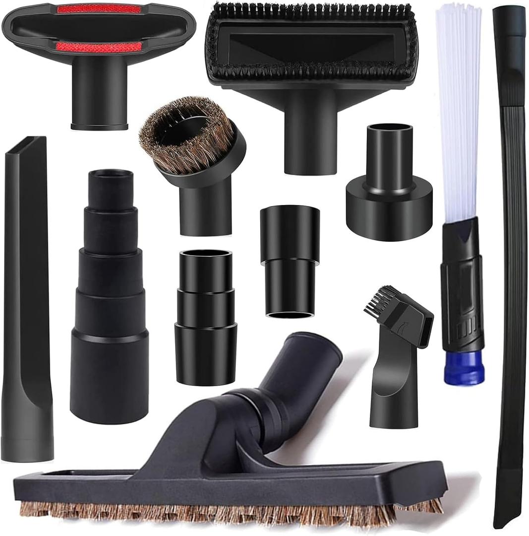 12Pcs Universal Vacuum Attachment Professional Shop Vac Accessories Wet Dry Vacuum Hose Adapter with Hair Brush Extension Wand Flexible Crevice Tool fit 2 1/2" to 1 1/4" and 1 7/8" to 1" Vacuum Hose