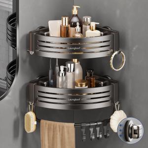 Corner Shower Caddy Suction Cup Rustproof Aluminum Triangle Shelf with Hooks & Towel Bar, Laungborf No-Drill Wall Storage for Bathroom Kitchen Laundry (Matte Gray, 2 Pack)