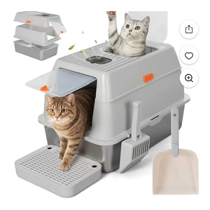 Maxdot Stainless Steel Litter Box with Lid, XL Large Enclosed Metal Cat Litter Box with Scoop and Mat, Front Entry Top Exit, Odor Control, Non-Sticky, Easy to Clean, 23.6 x 15.7 x 15.7 Inches