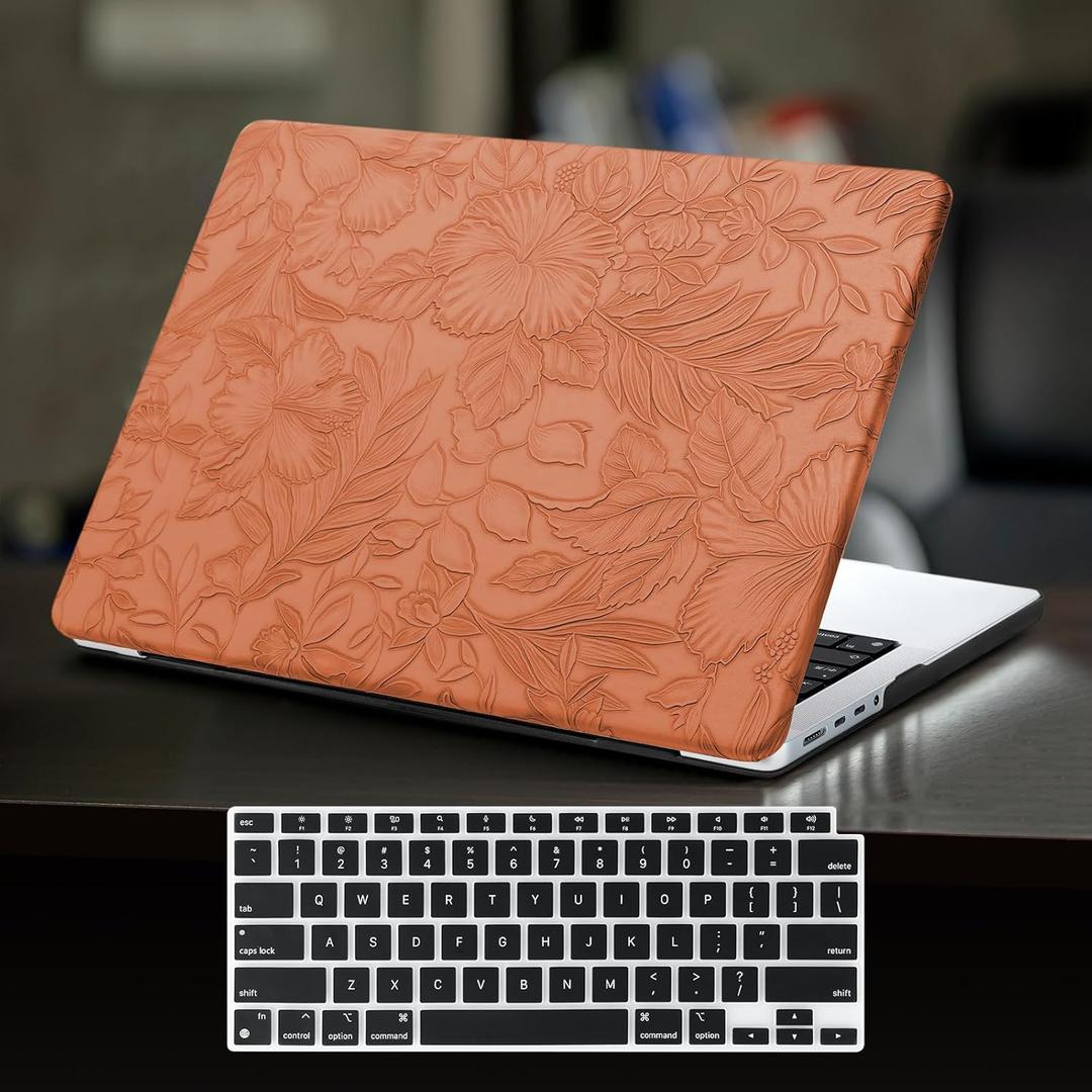 DTangLsm for MacBook Air 13 inch Case 2026 2025 2024-2022 M5 M4 M3 M2 A3449 A2681 A3113 A3240, Elegant Textured Leather Hard Case for MacBook Air M5 13.6 inch Cover+Keyboard Skin,Brown Embossed Floral