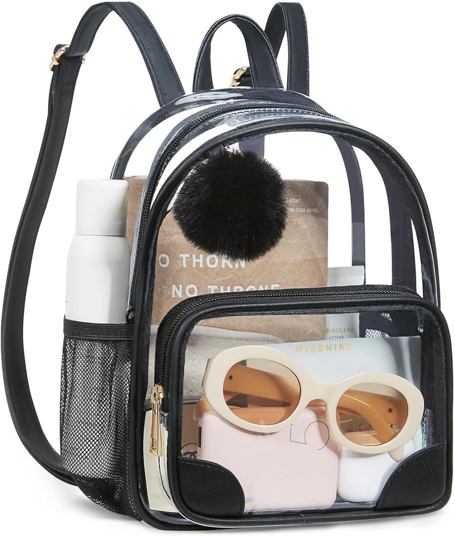 Missnine Small Clear Backpack for Stadium Events Anti-theft Mini Clear Bag for Sport Event Concert with Cute Pom-pom Ball