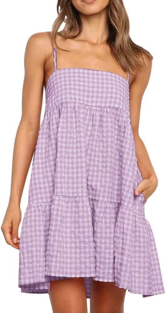 Womens Plaid A-line Dresses Shoulder Straps Ruffle Hem Casual Mini Dress with Side Pocket (Purple, Medium)