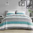 Madison Park Essentials Queen Comforter Set, Bed in A Bag Comforter & Sheet Set, Modern Casual Stripes Print, All Seasons, Soft Microfiber Bedding Makeover, Matching Shams, Queen Aqua/Grey 7 Piece