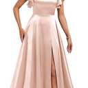 IIF Women's Square Neck Bridesmaid Dresses with Ruffle Sleeves Satin A Line Long Formal Evening Dresses with Slit Blush Pink US Size 12 IIF134