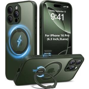 Magnetic for iPhone 16 Pro Case,[Unbreakable & Magnetic Stand] [Military-Grade Protection] [Phone Case Compatible with MagSafe] Slim Translucent Matte Shockproof Phone Cover,Deep Green