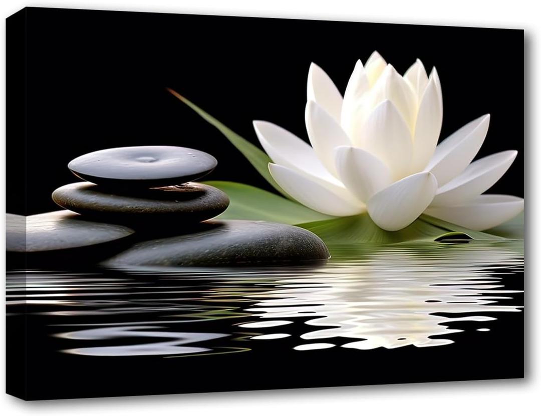 LZIMU Zen Canvas Wall Art White Lotus and Black Zen Stones Bloom in Water Picture Prints for Yoga Spa Meditation Spiritual Room Bathroom Decor (Zen-1, 12"x18")