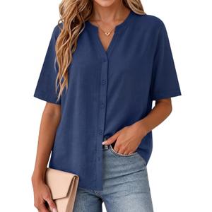 SEMARO Womens Cotton Linen Button Down Shirts Casual Short Sleeve Solid Summer Blouses Tops with Pocket, Blue, XL