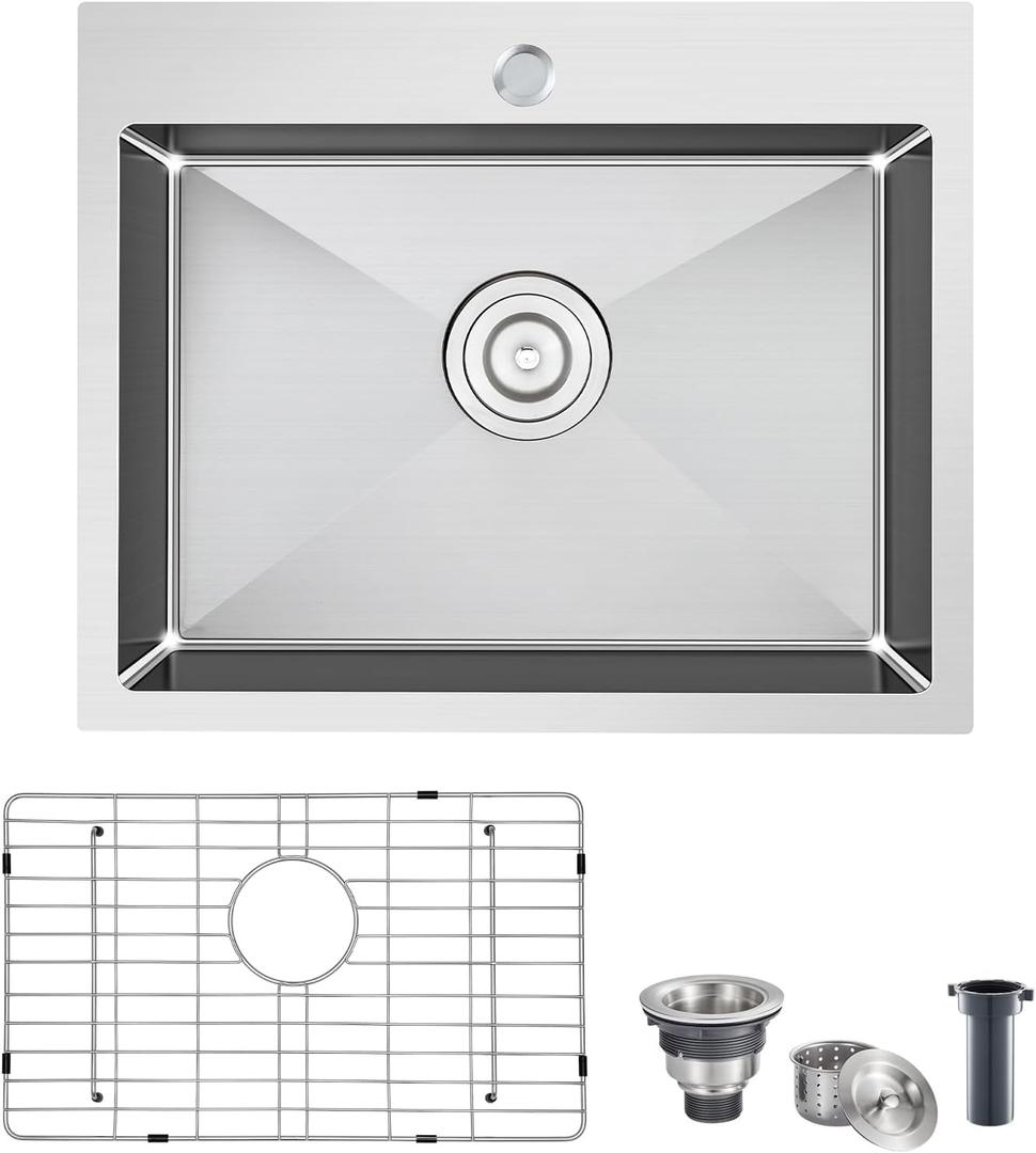 POPFLY 23 Inch Drop in Kitchen Sink, 23×18 Inch Top mount Small Bar Prep Sink, 304 Stainless Steel 9 Inch Deep Single Bowl Overmount Sink, Brushed