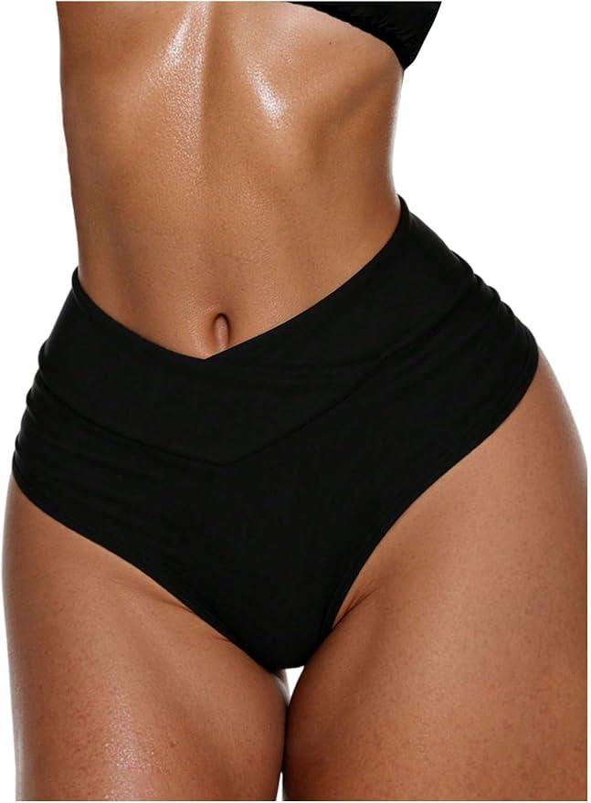 GORGLITTER Women's Cut Out Cheeky Bikini Bottom High Waisted Cut Thong Swimsuits Bathing Suit Bottoms Beach Swim Wear Black Small