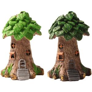 2PC Resin Fairy Tale Treehouse Figurine, Miniature Garden Gnome Home, Plant-Themed Collectible for Indoor/Outdoor Decor & DIY Bonsai/Fairy Garden