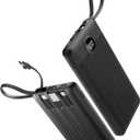 Portable Charger with Built in Cables, Slim 10000mAh Power Bank with USB C, External Battery Pack 5 Outputs 2 Inputs LED Display Compatible with iPhone/Android & More (Black)
