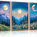 CHDITB Moon Above the Wildflowers Woodland Framed Canvas Wall Art (16"x24")，3 Pcs Abstract Midnight Landscape Nature Artwork Painting, Large Mystical Enchanted Pine Tree Forest Wall Decor for Bedroom Living Room Office