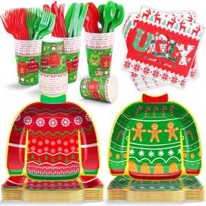 durony 168 Pieces Ugly Sweater Christmas Paper Plates Ugly Sweater Party Decorations Xmas Disposable Dinnerware Set Ugly Party Plates Napkins Cups Cutlery Party Supplies Set, Serves 24 Guests