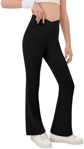 Haloumoning Girls Crossover High Waisted Flare Pants Kids Bootcut Leggings Full Length Bell Bottoms Size: 7 to 8 years ol