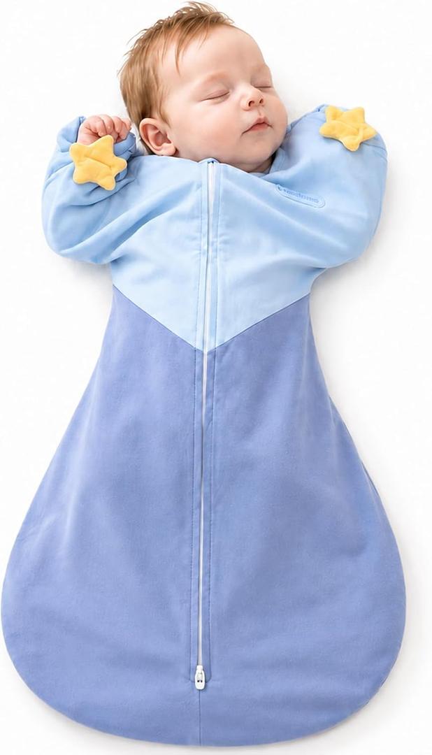 hahaland Sleep Sack, Arms-Up Swaddle, Blue, Newborns 5-8.5 lbs | HEART-SHAPED Sleep Sack with Self-Soothing Toys, Breathable 1.0 TOG Fabric, Quiet Two-Way Zipper, Roomy Leg Space