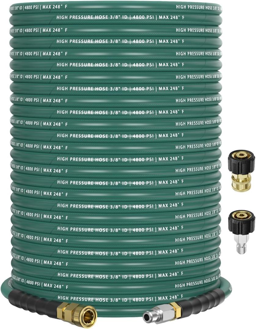 3/8" 4800PSI Pressure Washer Hose 150FT with 360 Swivel Quick Connect, Flexible Kink Resistant Steel Wire Braided & Durable Rubber for Hot/Cold Water, Power Washer Hose With M22 14mm Adapter