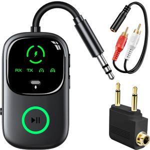 LED Display 2 in 1 Bluetooth 6.0 Transmitter Receiver 3.5mm AUX Jack RCA Wireless Audio Adapter Dongle for Airpods Headphones TV Airplane Flight Car Speaker Home Stereo, Dual Pairing & Handsfree Call