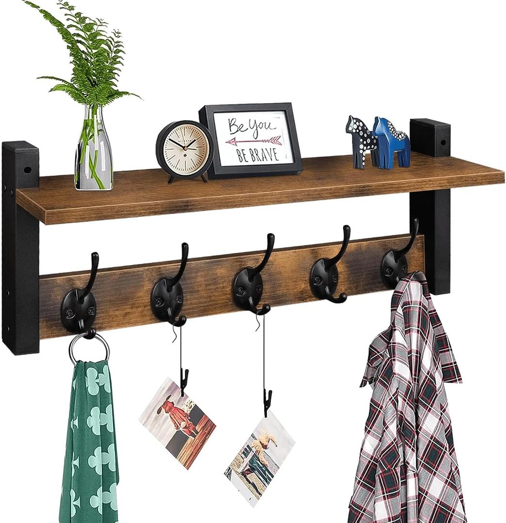 Wall Hooks with Shelf, Wood Coat Rack with Shelf Wall-Mounted, Entryway Hanging Shelves with 5 Metal Hooks for Clothes Hats Towel Purse Robes, Bathroom Mudroom Bedroom, Rustic Brown Black
