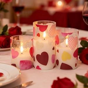 LUSHARBOR Flameless Candles with Remote, Valentine's Day Battery Candles Heart Flickering LED Electirc Candles Romantic Gift for Her Home Table Mantel Decor Set of 3