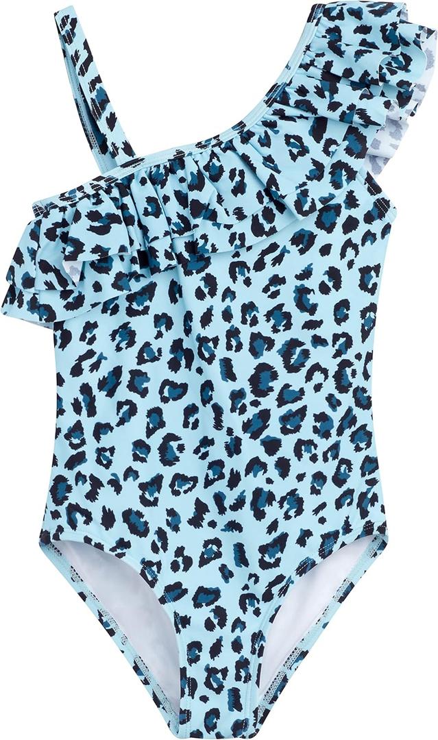 Kanu Surf Girls' Morgan Floral Ruffle 1-Shoulder one Piece Swimsuit (8, Beach Leopard Blue)