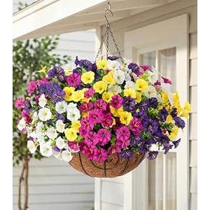 HyeFlora Artificial Hanging Flowers Faux Plants Basket for Outdoors Spring Decor, Fake Silk Morning Glory with Eucalyptus in Planter UV Resistant Outdoor Flowers for Outside Porch Patio Garden Home