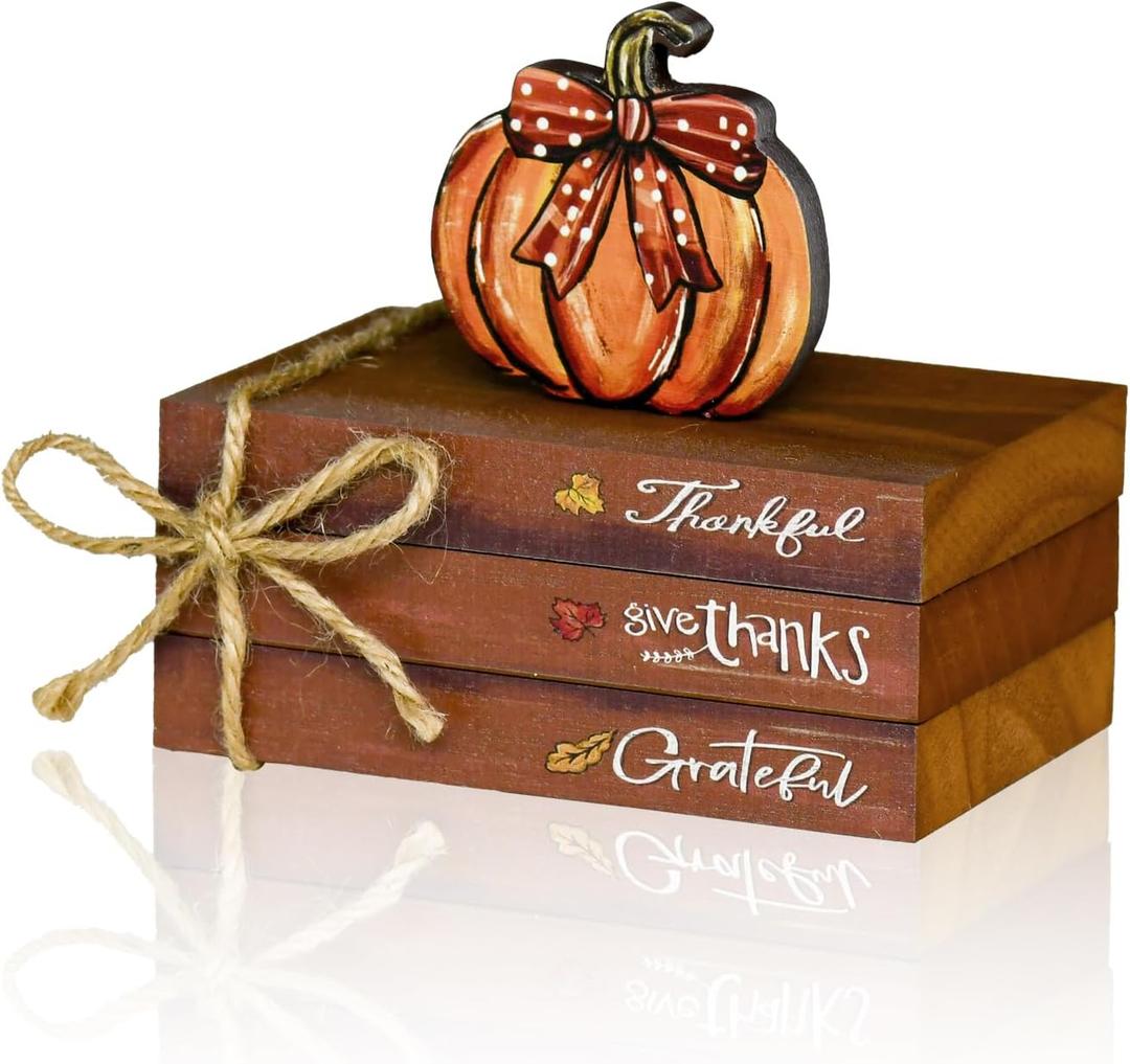 Smile Fall Thanksgiving Wooden Decor Indoor, Pumpkin Decor Thankful Grateful Faux Books Bundle, Thanksgiving Table Tiered Tray Kitchen Harvest Decorations
