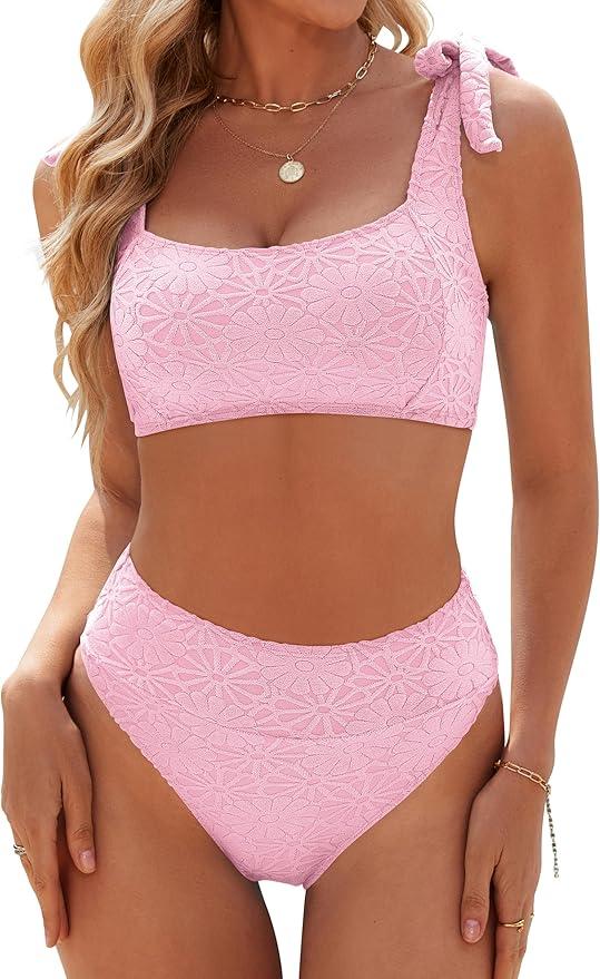 Blooming Jelly Womens High Waisted Bikini Set Tie Strap Jacquard Terry Cloth 2 Piece Swimsuit Modest Cute Retro Bathing Suit (Large, Light Pink)