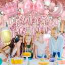 Ouddy Life Pink Happy Birthday Party Decorations for Women Girls, Pink Happy Birthday Love Crown Bow Bottle Lipstick Balloons Fringe Curtain for Princess Birthday Wedding Mother's Day Party Supplies