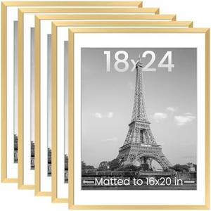 upsimples 18x24 Picture Frame Set of 5, Display Pictures 16x20 with Mat or 18 x 24 Without, Wall Gallery Poster Frames, Gold