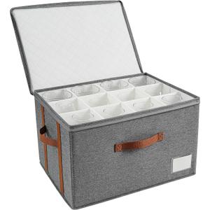 Stemware Storage Cases,Glass Storage Box,with Dividers, Holds 12 Red or White Glasses, Durable Glassware Storage Containers for Crystal or Stemware(Grey red, Stemware storage cases)