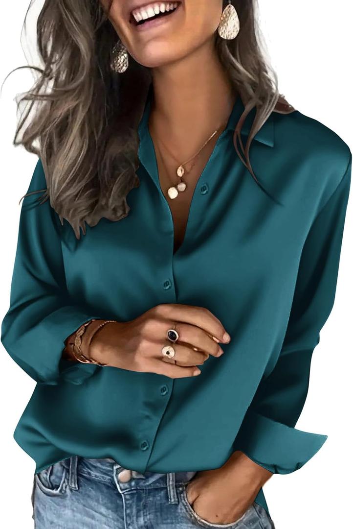 Zeagoo Satin Blouses for Women Silk Button Down Shirts Long Sleeve Business Casual Tops (Green, XL)