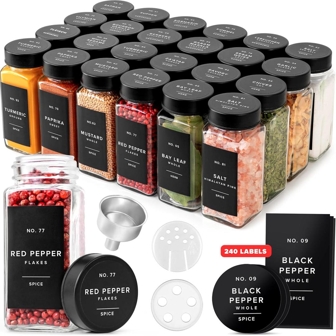 Glass Spice Jars with Label and Black Lids (24 x 4oz) Spice Containers with 240 Labels, Shaker Inserts, Steel Funnel, Empty Square Empty Square Seasoning Organizer