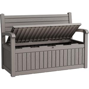 80 Gallon Lockable Deck Bench with Storage, Resin Stripes Outdoor Storage Box, Waterproof Outdoor Porch Bench for Cushions Garden Tools, and Pool Supplies, Grey