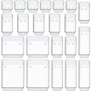 SMARTAKE 22-Piece Drawer Organizer with Non-Slip Silicone Pads, 5-Size Clear Desk Drawer Organizer Trays Storage Tray for Makeup, Jewelries, Utensils in Bedroom Dresser, Office and Kitchen, Clear