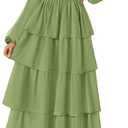 MEROKEETY Women's Summer Spring Long Sleeve Ruffle Tiered Dress 2026 Flowy Layered Square Neck Smocked Maxi Dresses (Green, S)