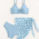 COZYEASE Girls' 3 Piece Bikini Set Ditsy Floral Print Wireless Swimsuit with Beach Skirt (Blue)