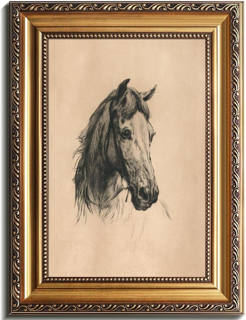 uniro Vintage Gold Framed Wall Art, Farmhouse Decor Horse Etching Sketch Canvas Art Prints Painting, Antique Neutral horse Picture Western Wall Decor, Rustic Animal Farm Drawing Equestrian Wall Art for Bedroom, Gallary, Living Room, Office, Cottagecore decor, Horse Lover Gift - 12x16Inch