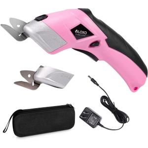 VLOXO Cordless Electric Scissors with 2 Blades Rechargeable Powerful Shears Cutting Tool for Fabric Cardboard Carpet Leather Felt with Charger & Storage Box-Pink