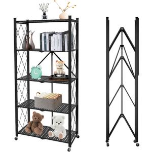 5 Tier Folding Shelf with Wheels,Metal Steel Collapsible Shelves,No Assembly Portable Shelves Organizer Rack,Rolling Standing Utility Rack for Kitchen, Pantry, Office, Black