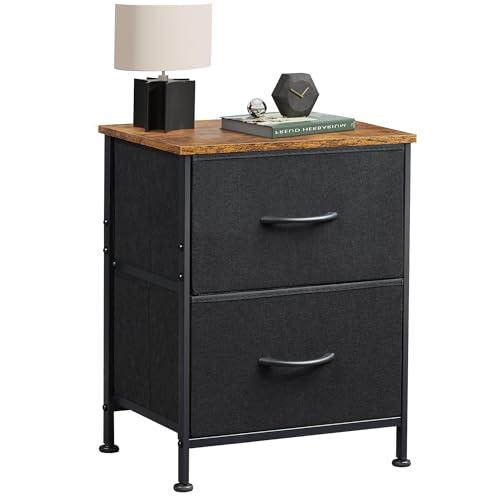 WLIVE Nightstand, 2 Drawer Dresser for Bedroom, Small Dresser with 2 Drawers, Bedside Furniture, Night Stand, End Table with Fabric Bins for Bedroom, Closet, Entryway, Black and Rustic Brown